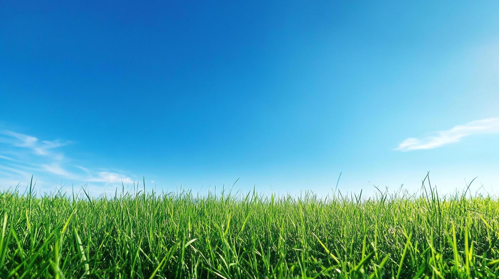 Lush green grass meets a clear blue sky, creating a serene and refreshing landscape, perfect for a relaxing outdoor experience. photo