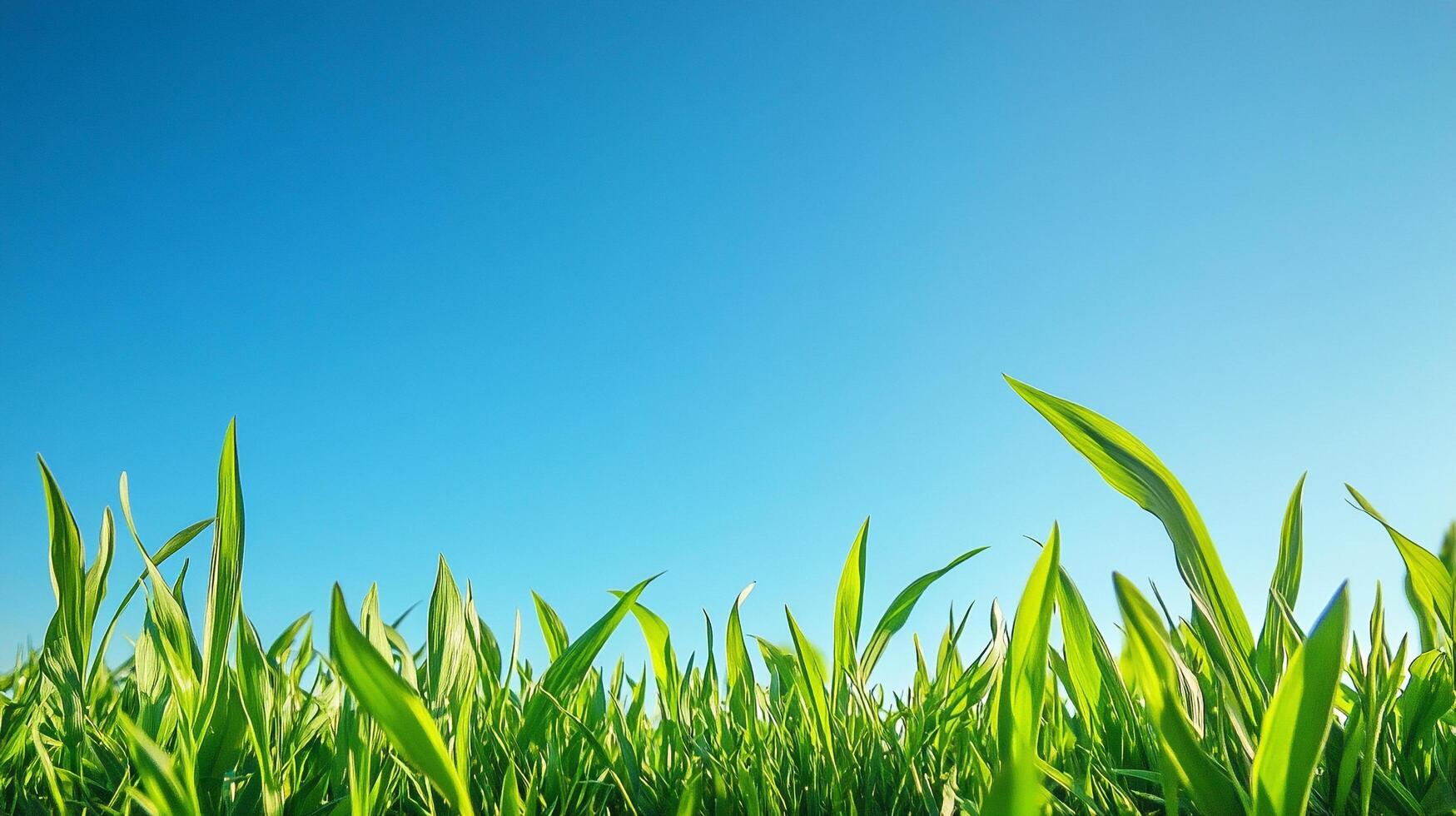 Green grass reaches up towards a clear blue sky, creating a vibrant scene of nature's simple beauty and sunny serenity. photo