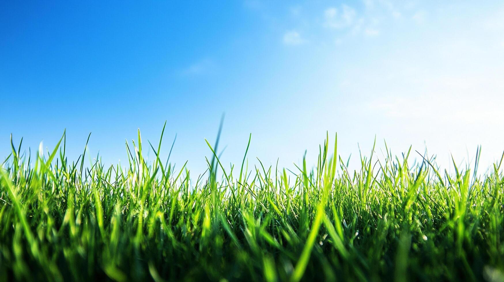 A vibrant patch of green grass stretches towards a clear, bright blue sky, evoking feelings of springtime and natural beauty. photo