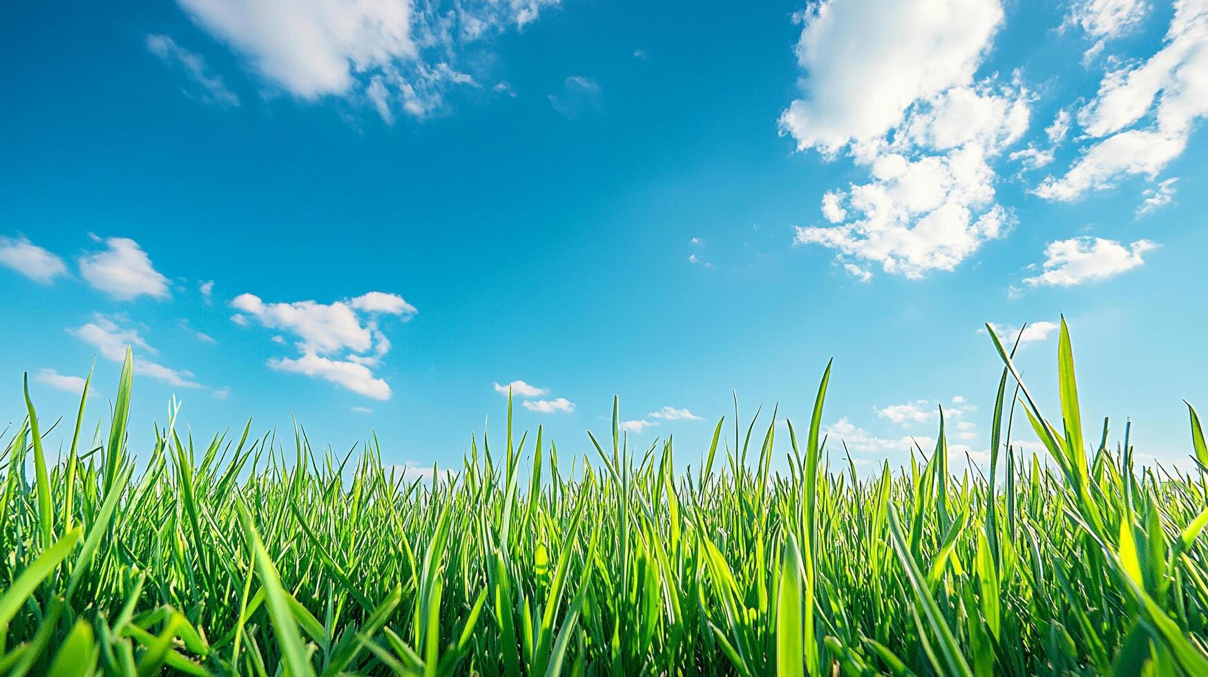 Vibrant green grass stretches towards a brilliant blue sky dotted with fluffy white clouds, evoking a sense of peace and open space. photo