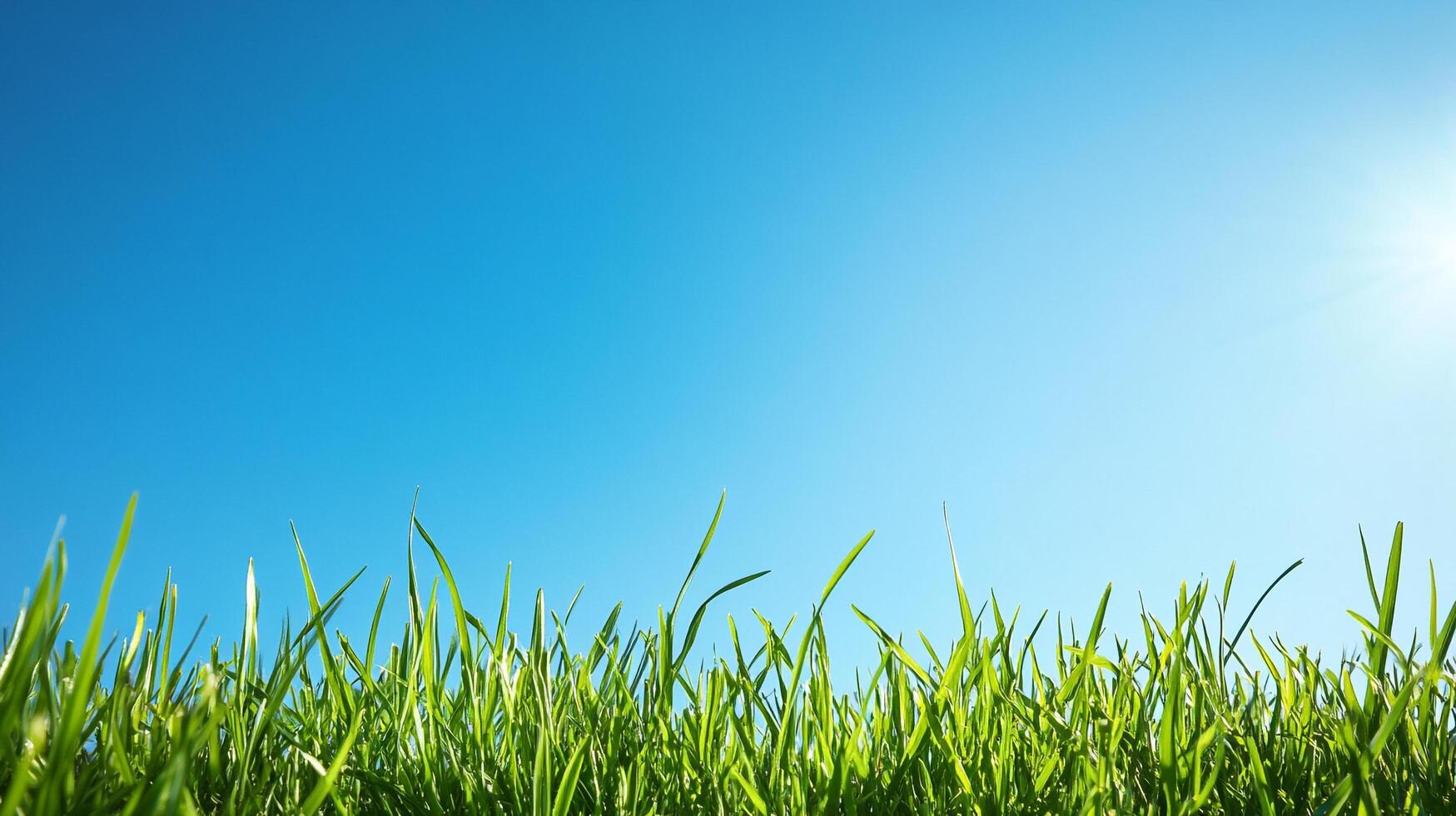 Green grass reaches for the sky under the warmth of the sun, a serene view of nature's simple beauty. The blue sky adds to it all. photo