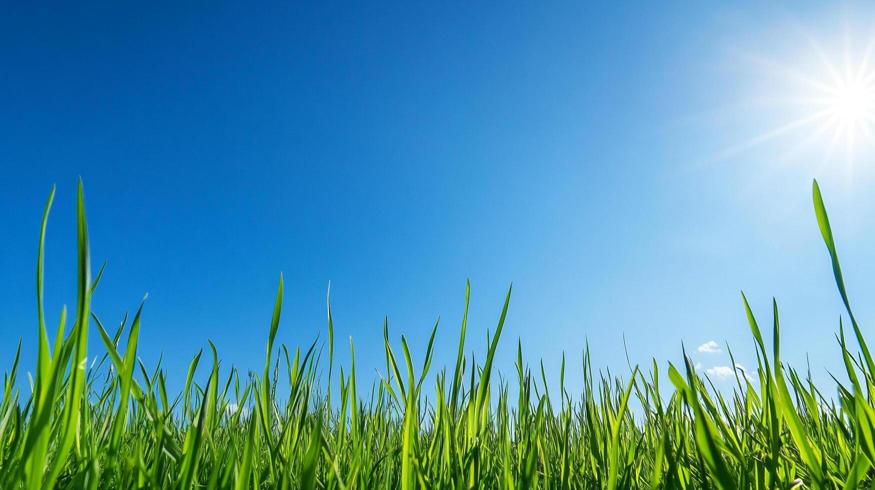 A vibrant close-up captures verdant grass blades reaching towards a clear, expansive blue sky, illuminated by the sun's radiant light. photo