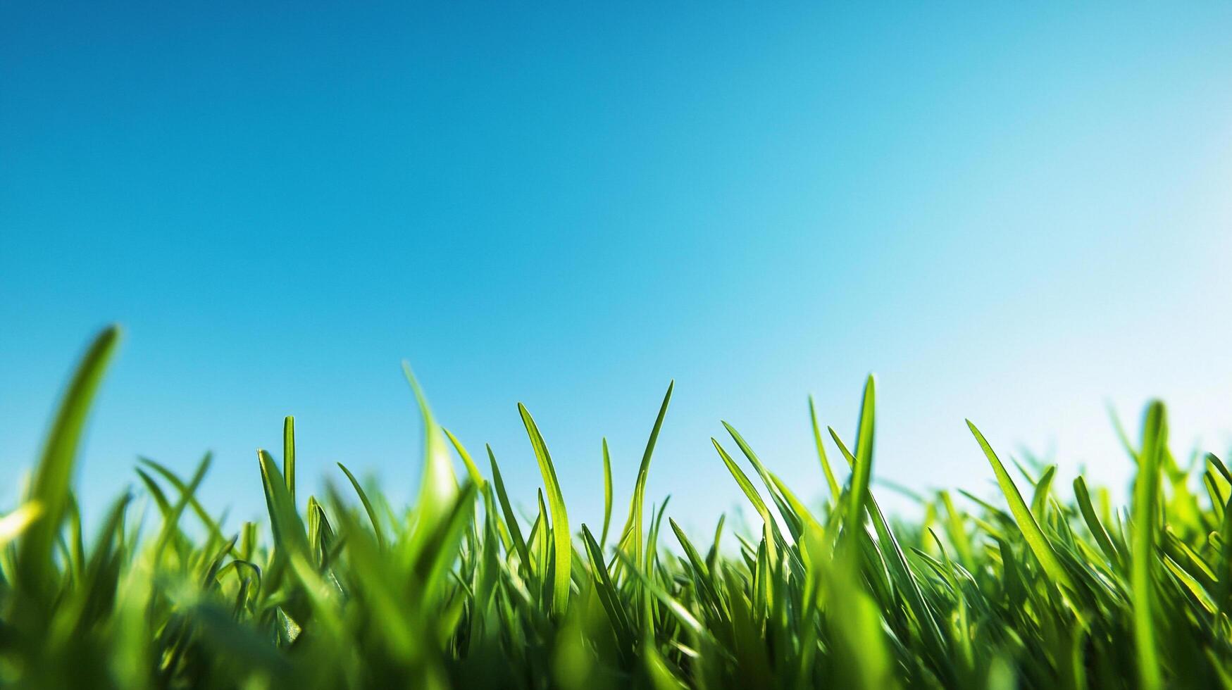A low-angle shot showcases vibrant green grass blades reaching towards a clear blue sky, creating a fresh and serene outdoor scene. photo