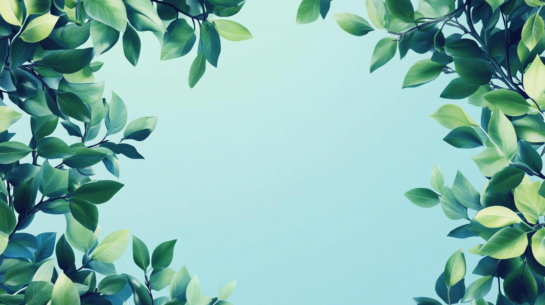Lush foliage frames a serene light blue backdrop, creating a natural border and evoking feelings of freshness and calm. photo