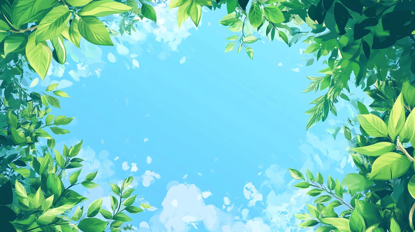 Sky framed by lush green leaves, sunlight dappling through, creating a serene, natural view. Fresh foliage, vibrant summer day. photo