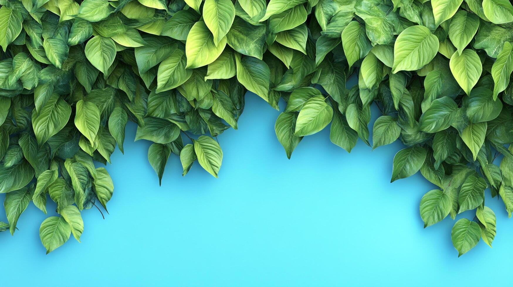 Lush green leaves cascade from the top edge of a vibrant turquoise background, creating a fresh and natural aesthetic. photo