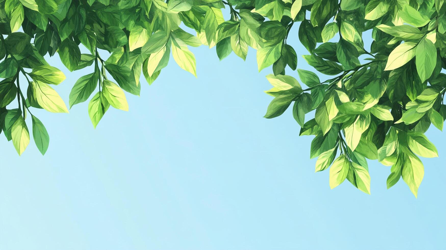 Lush green leaves frame a bright blue sky, creating a refreshing and vibrant natural border. A serene nature scene in beautiful light. photo