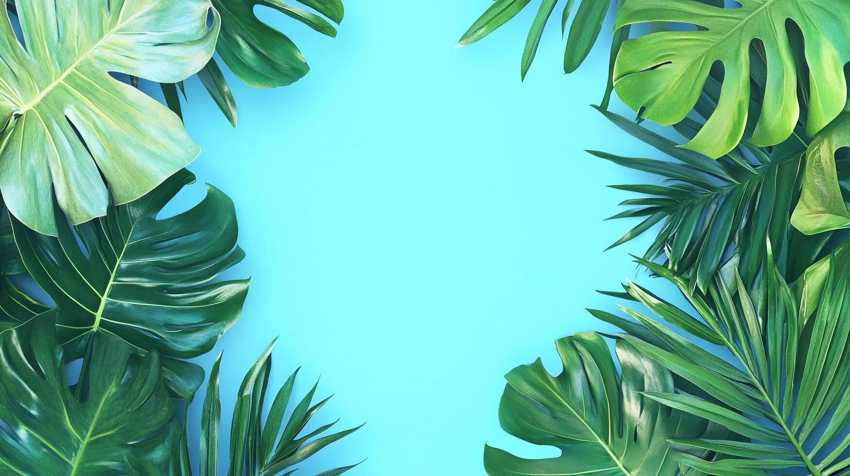 Tropical foliage border against a vibrant blue backdrop, creating a fresh and inviting composition. Lush green leaves frame the scene. photo