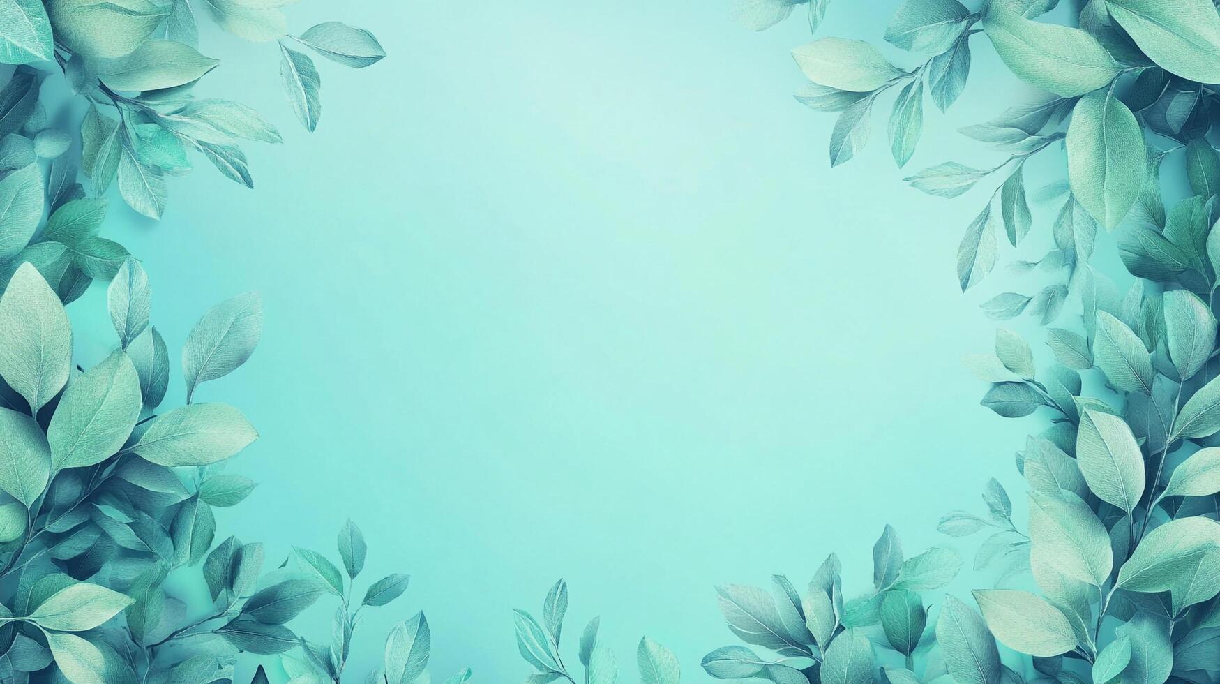 A teal background surrounded by lush green leaves create a peaceful and inviting space. The natural elements bring a sense of calm. photo