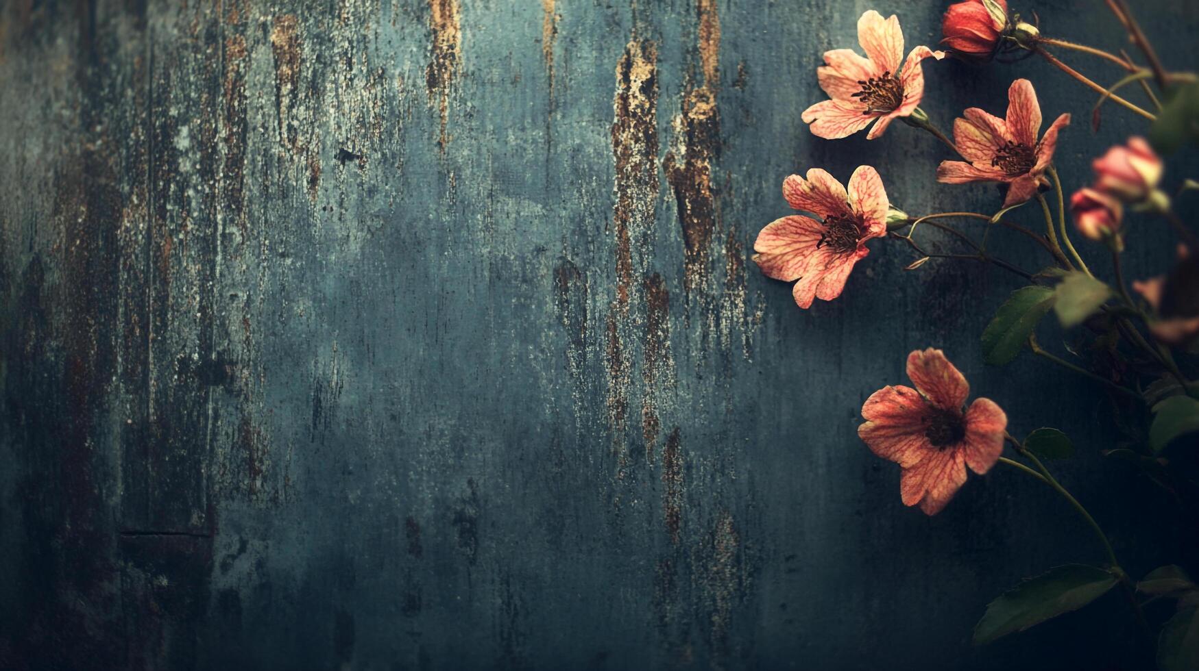 Flowers on a blue backdrop bring nature's delicate beauty to a rustic setting, creating a visually intriguing floral artwork. photo
