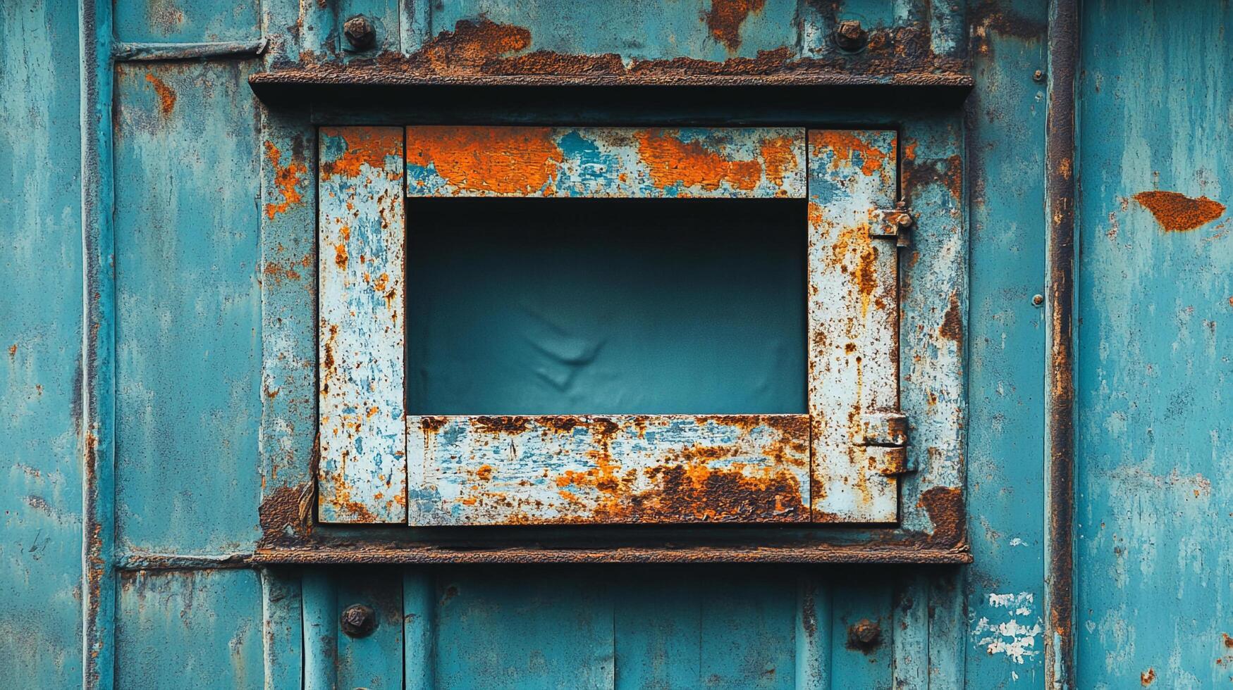 Weathered industrial hatch shows signs of rust and age, with textures and teal tones, creating a sense of abandonment and decay. photo