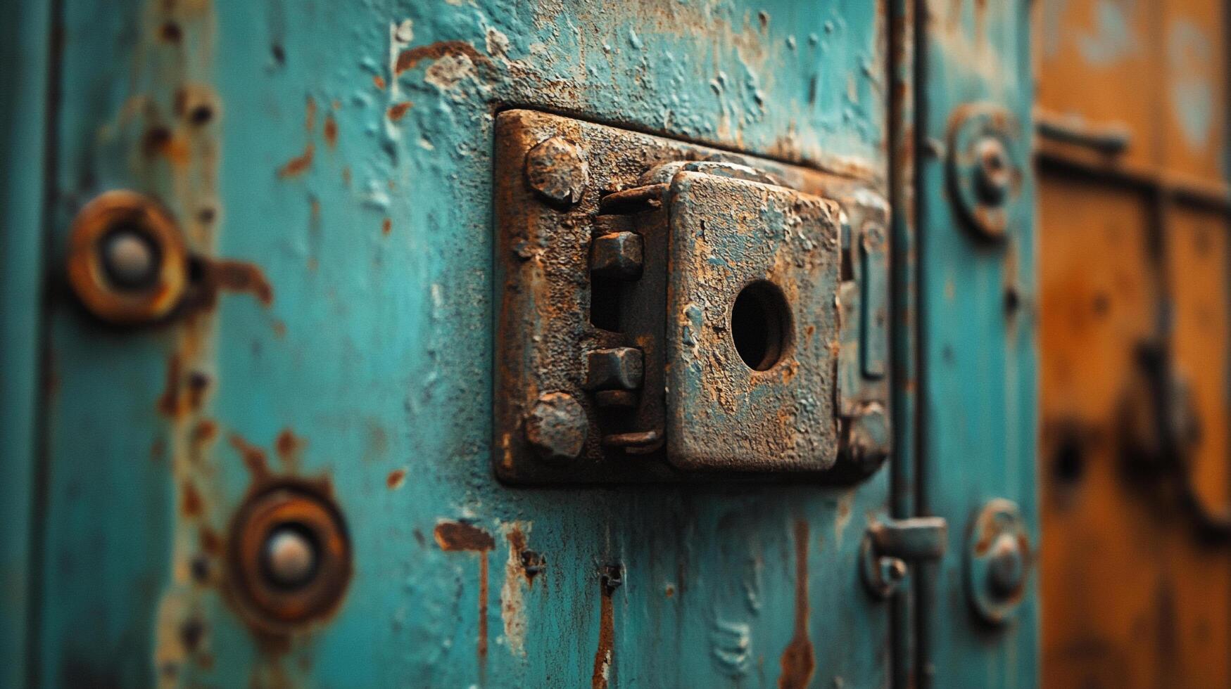 Close-up of an old, weathered metal surface with a rusted lock and bolts, showing signs of decay and age with chipped paint. photo
