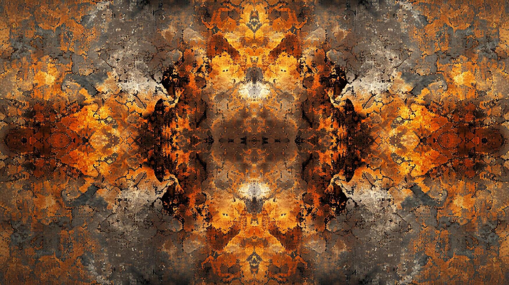 Abstract rust-colored symmetrical pattern resembling fire, showing a grunge and weathered texture with dark and light contrasts. photo