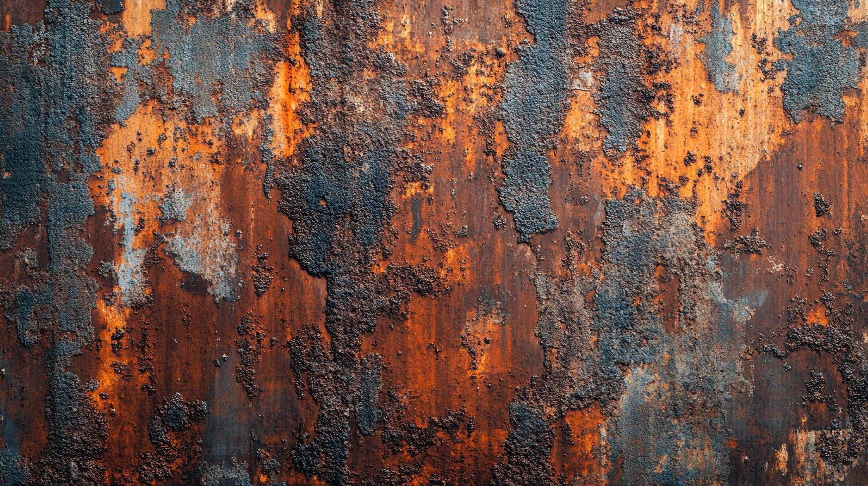 Rust and decay, with a mix of black and orange. A close-up texture of corroded material evokes age, neglect and industrial decline. photo