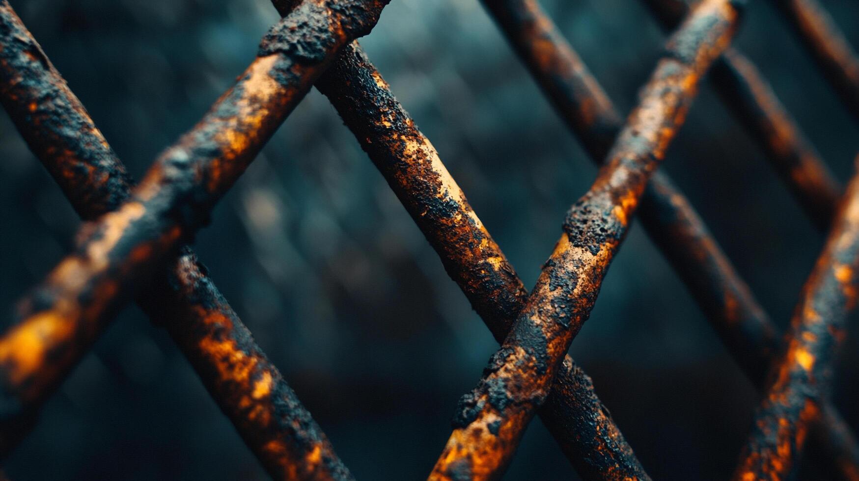 Close-up of rusty metal bars forming a crisscross pattern against a blurred background, showcasing texture and decay. photo