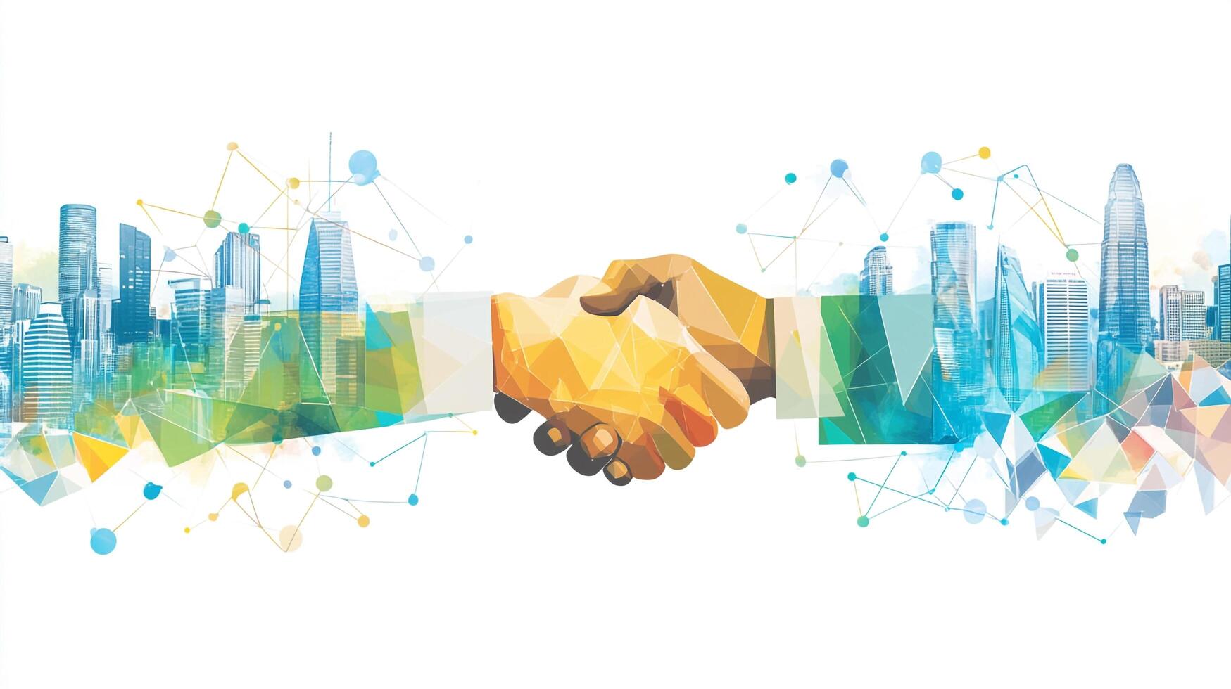 Geometric handshake illustration with a cityscape silhouette. Symbolizes agreements, partnerships, and global collaboration in urban development. photo