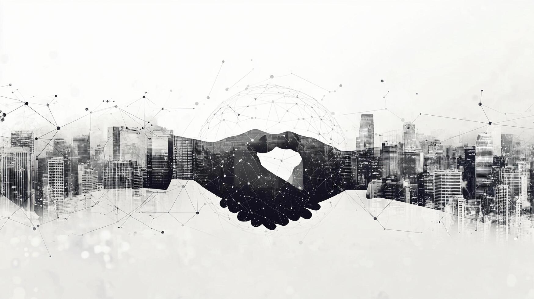 A powerful image symbolizing partnership in the modern age, reflecting global business relationships with a handshake and city skyline. photo