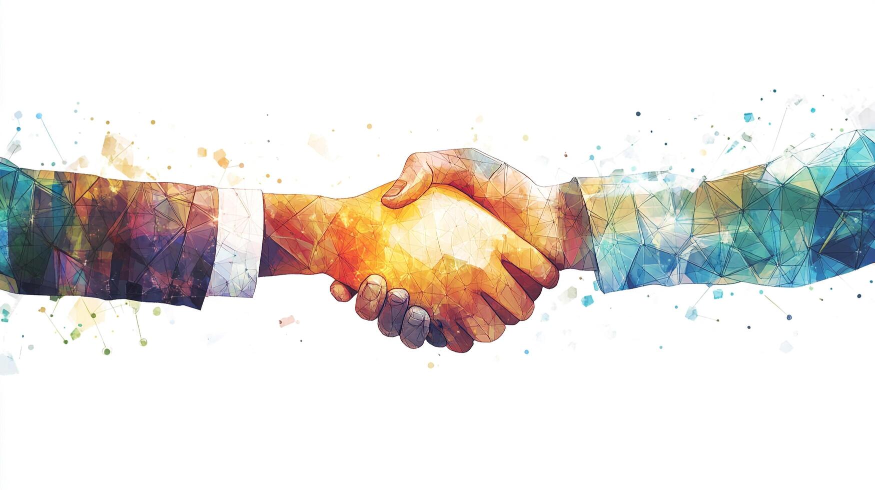 Colorful polygonal handshake symbolizing agreement and collaboration, artistic and modern representation. Bright vibrant colors on white background photo