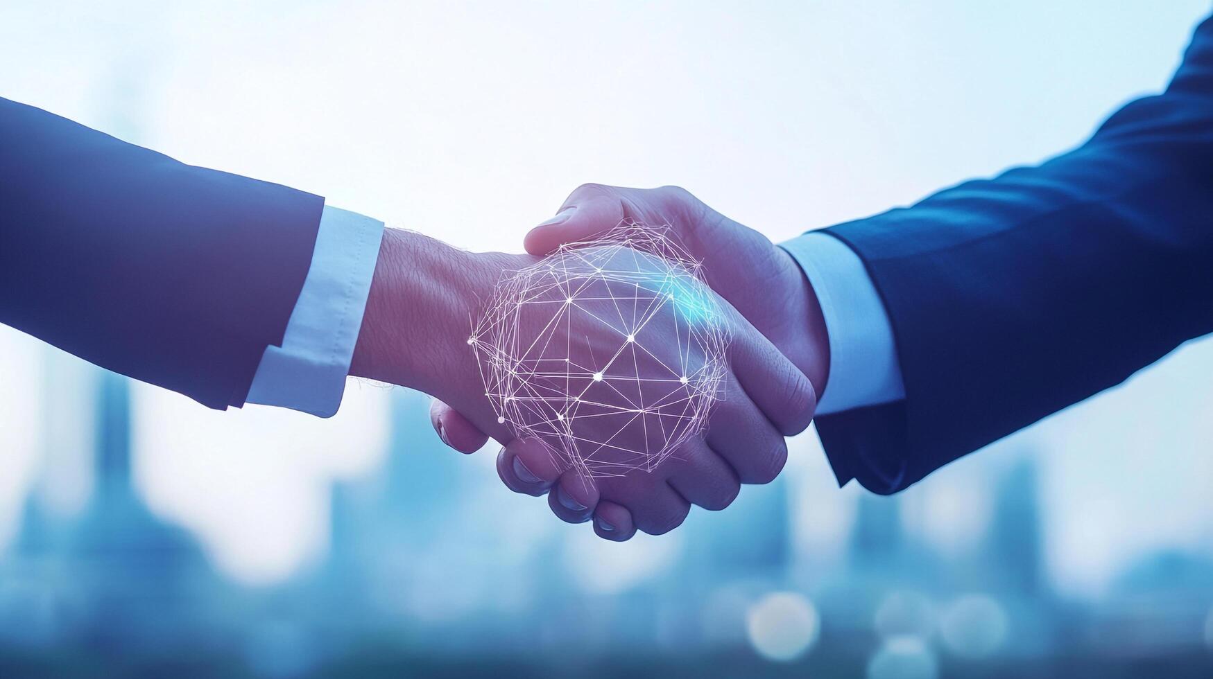 Two individuals shake hands, symbolizing partnership and agreement, with a digital globe hovering between their hands, representing technology. photo