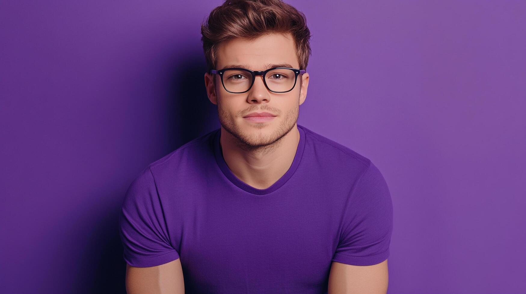 Portrait of a handsome young man with glasses. He wears a purple t-shirt and poses against a matching purple background. photo