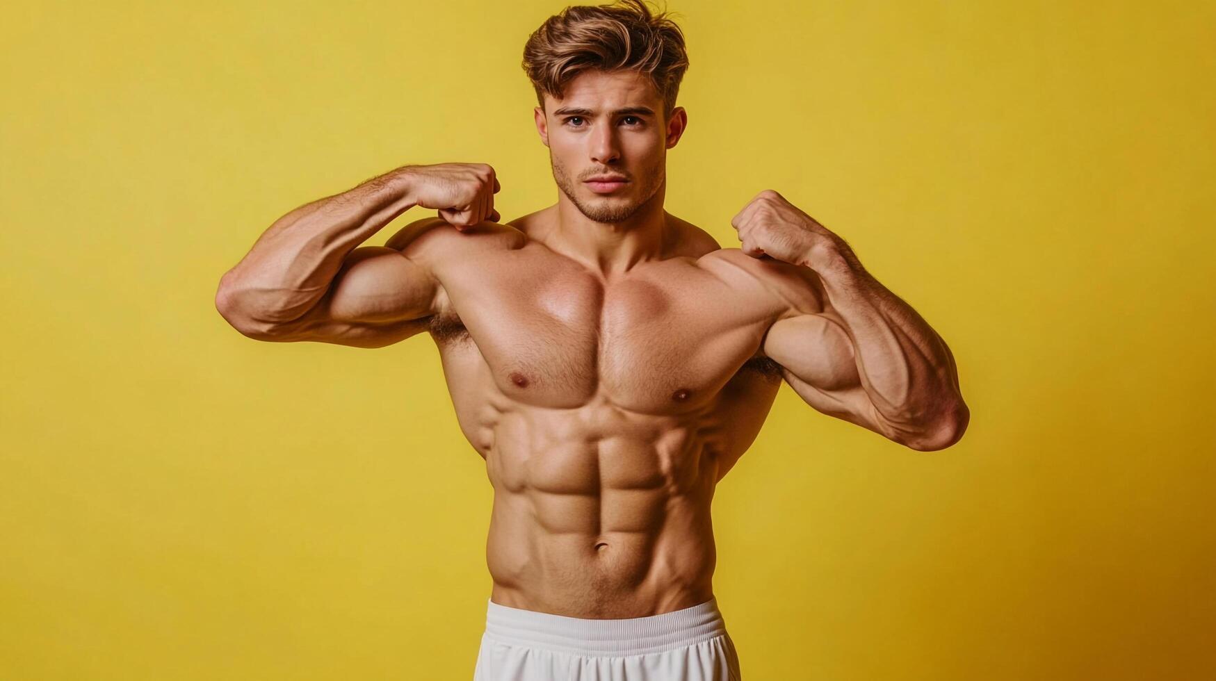 Muscular man flexing biceps. Fitness enthusiast showing off toned physique, strength, and dedication. Against a yellow background. photo