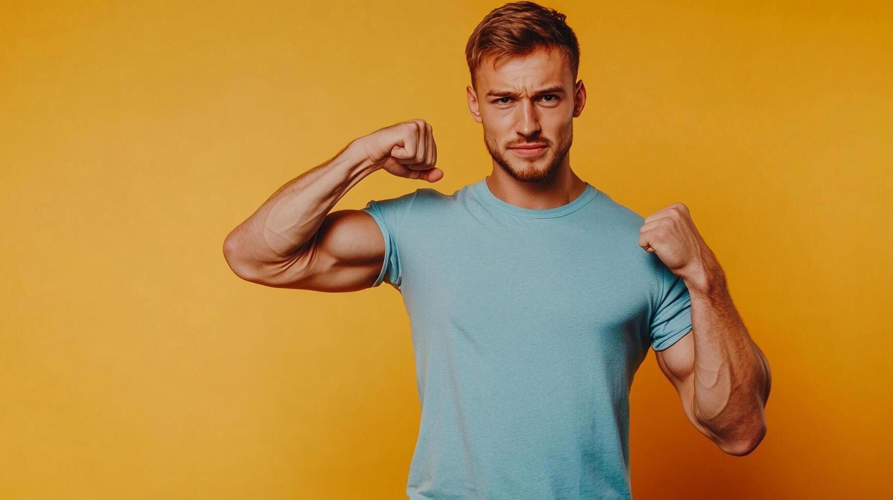 A muscular man flexing his biceps, showcasing strength and confidence against a vibrant yellow backdrop. Health, fitness, and self-assurance. photo