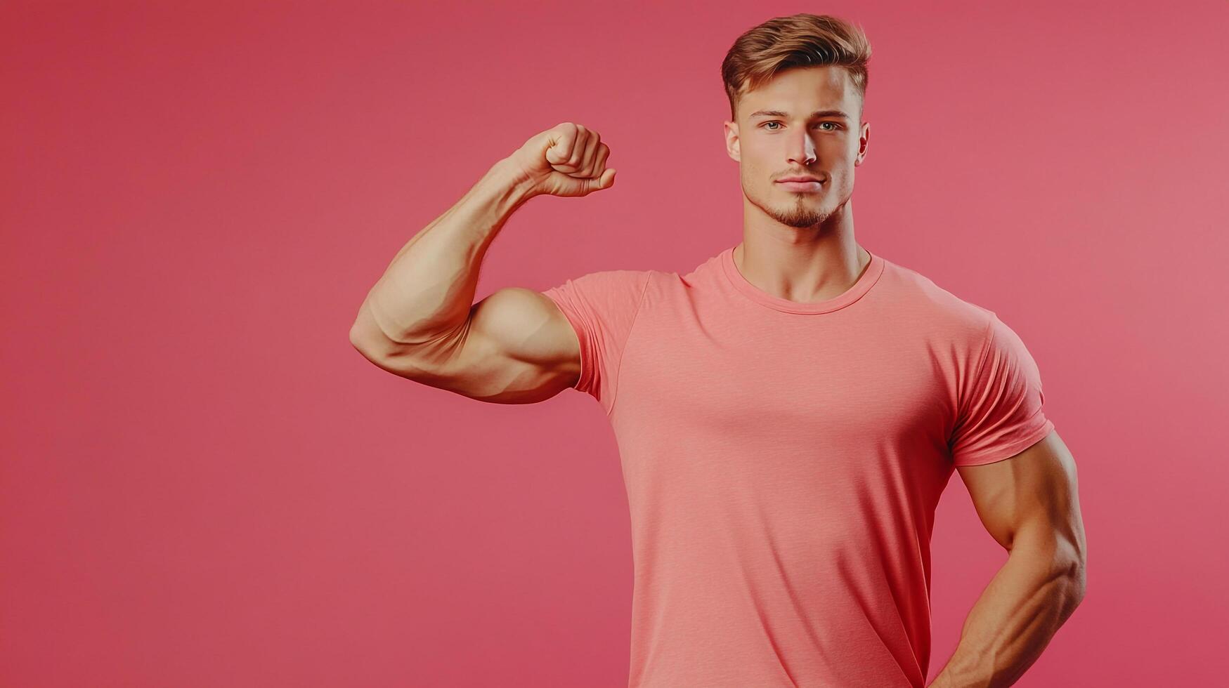 Confident athletic man with strong biceps, flexes his muscle in front of a pink background. Toned body and healthy lifestyle. photo