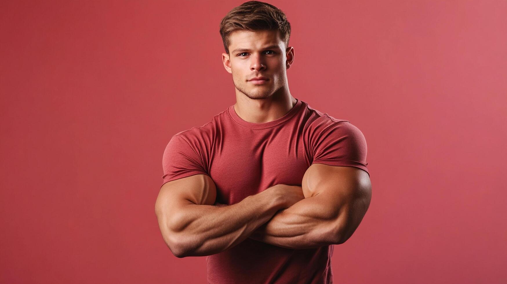 Fit physique is evident with the man posed against a coral backdrop, muscles flexing and arms crossed, confident and ready to tackle challenges. photo