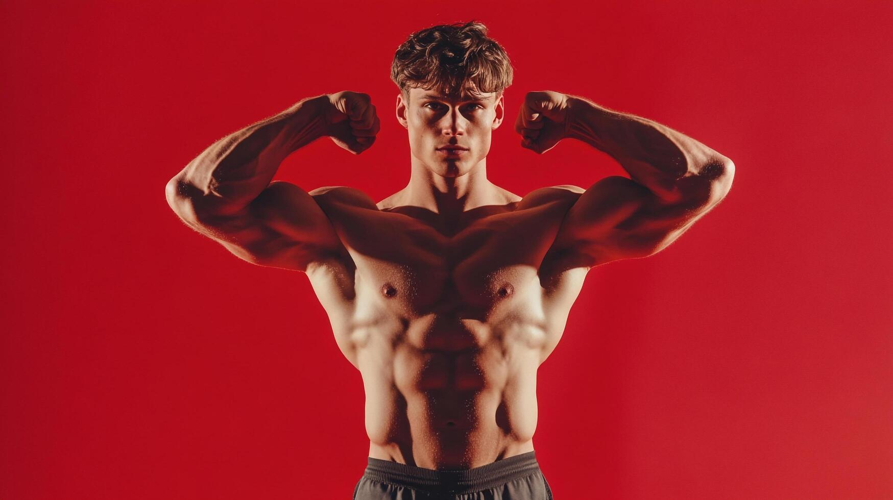 Strong man with muscular physique flexing both arms and posing on solid red background in studio. Fitness lifestyle and strength photo