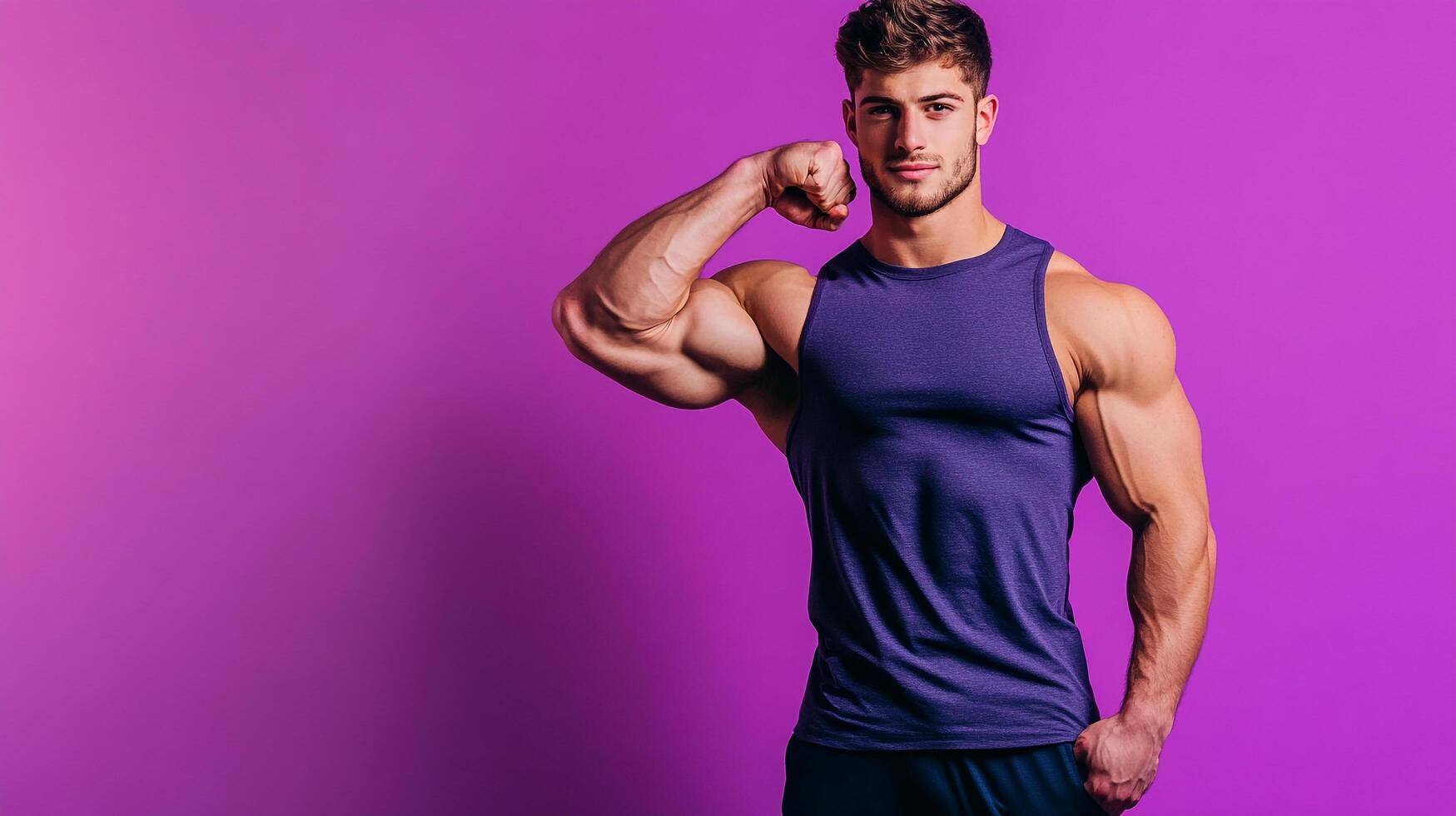 A muscular man flexes his powerful bicep in front of a vivid purple backdrop, showcasing fitness and dedication to a healthy lifestyle. photo