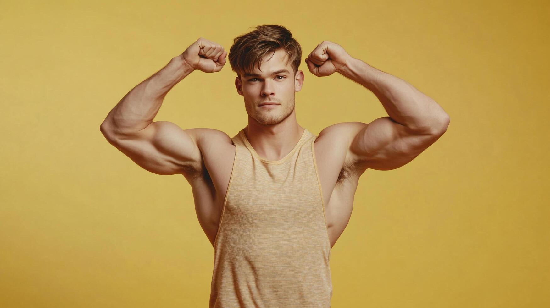 Muscular man flexing his biceps against a solid backdrop. Fitness enthusiast displaying upper body strength and healthy physique. photo
