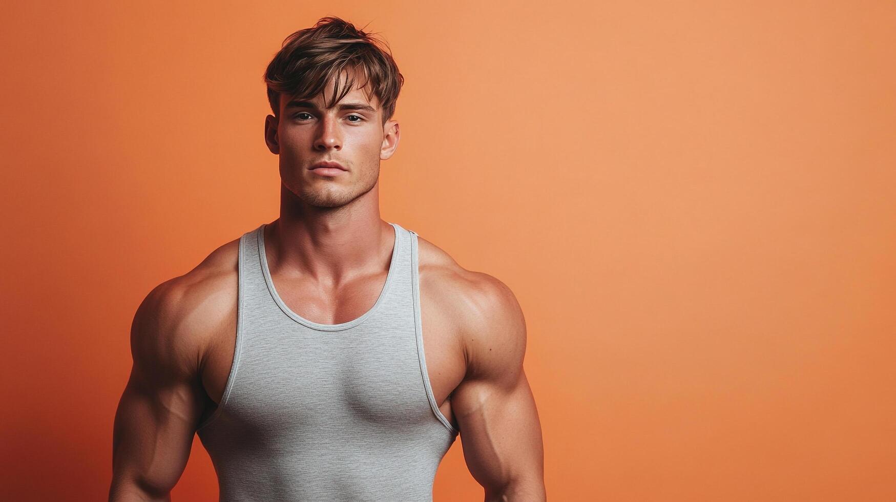 Athletic man in tank top stands confidently against a vibrant orange backdrop, showcasing strength and physique, with focused gaze and style. photo
