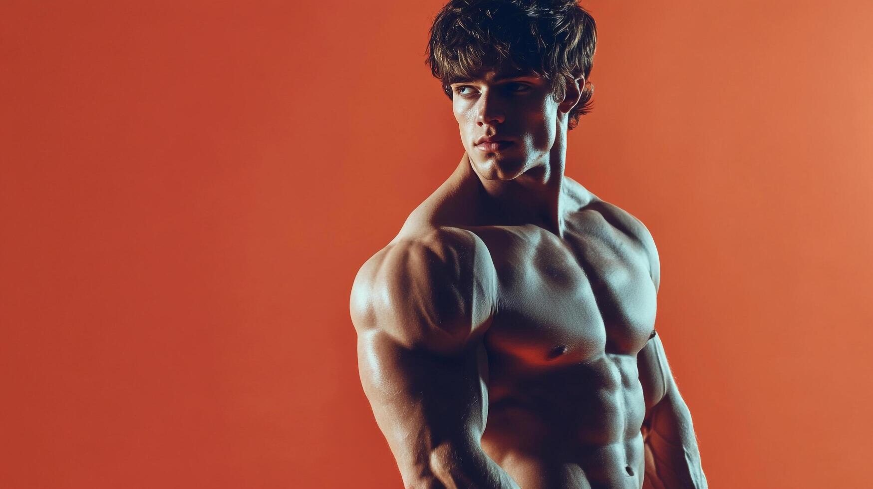 A muscular man poses against a solid colored backdrop, showcasing impressive physique and muscular definition. photo