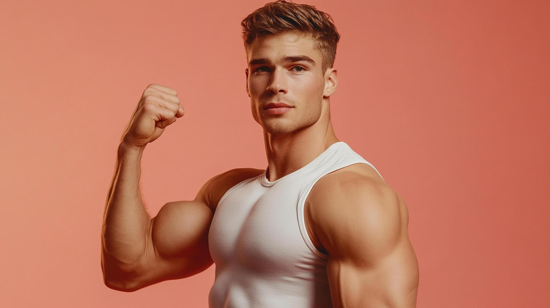 Fit and handsome muscular man flexing his arm and bicep while posing in front of a solid-colored background. Healthy and strong male figure. photo