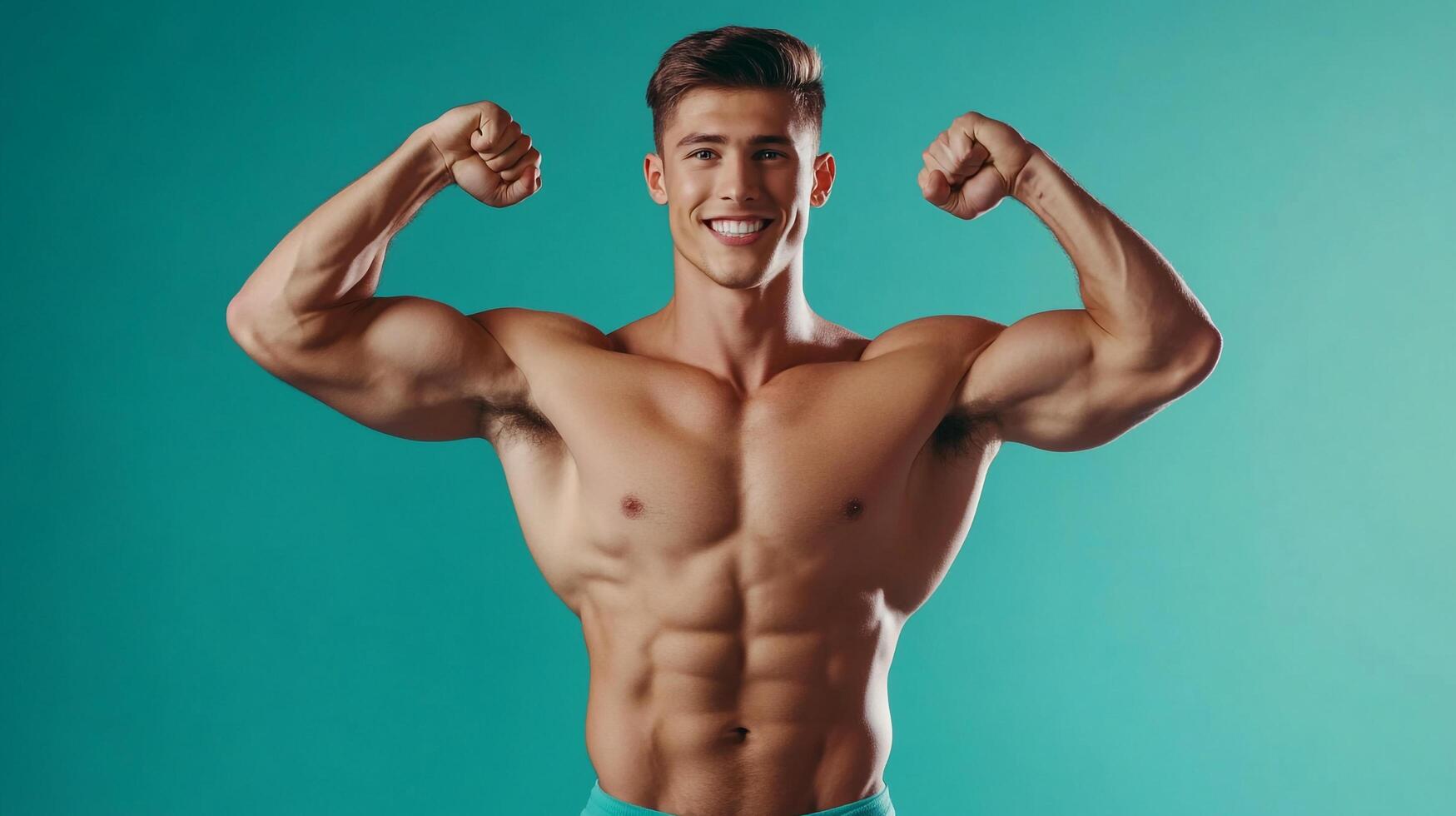 Athletic man with muscular physique flexing biceps. Demonstrating power, fitness and dedication on a vibrant blue background. Focused on health. photo