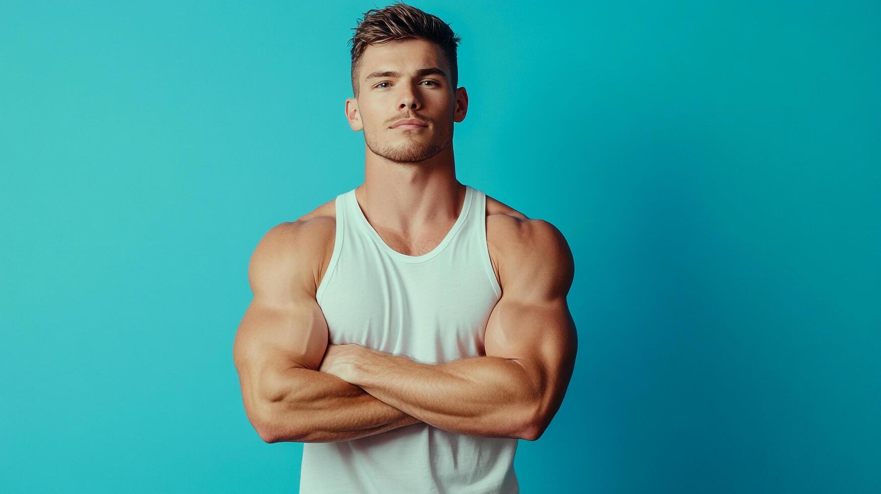 Confident athletic man with muscular build in white tank top against vibrant blue backdrop. Strength and health. Fitness lifestyle image. photo