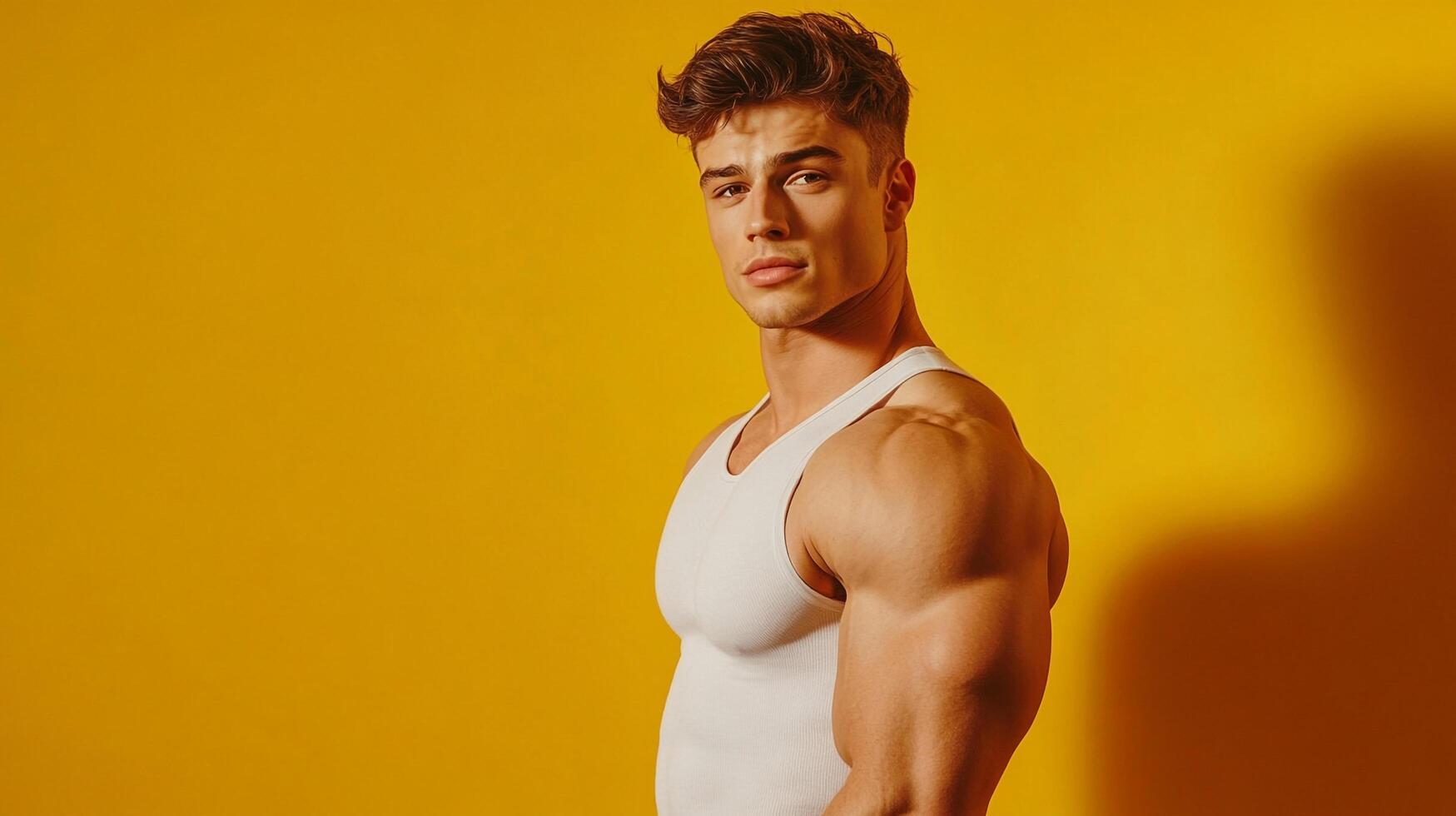 Athletic man posing in a white tank top against a vibrant yellow backdrop, showcasing his physique with a confident gaze. photo