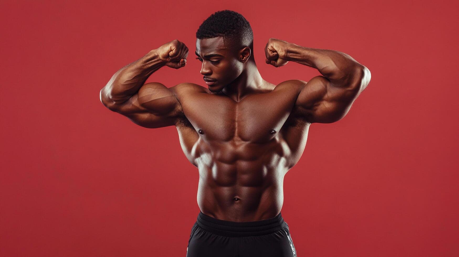 A muscular man with dark skin, flexes his biceps and abdominal muscles against a red background, showcasing his physique. photo