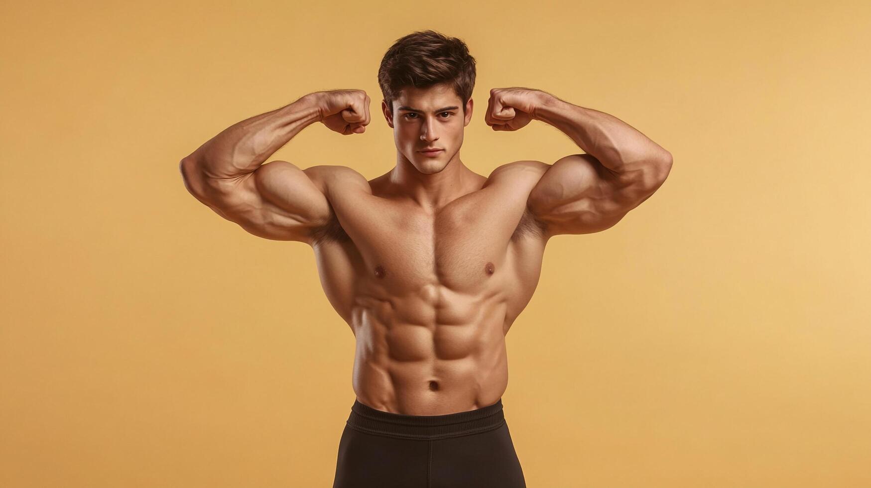 A man showing off his impressive musculature. He is exhibiting strength and power, with pronounced muscles and a confident expression. photo