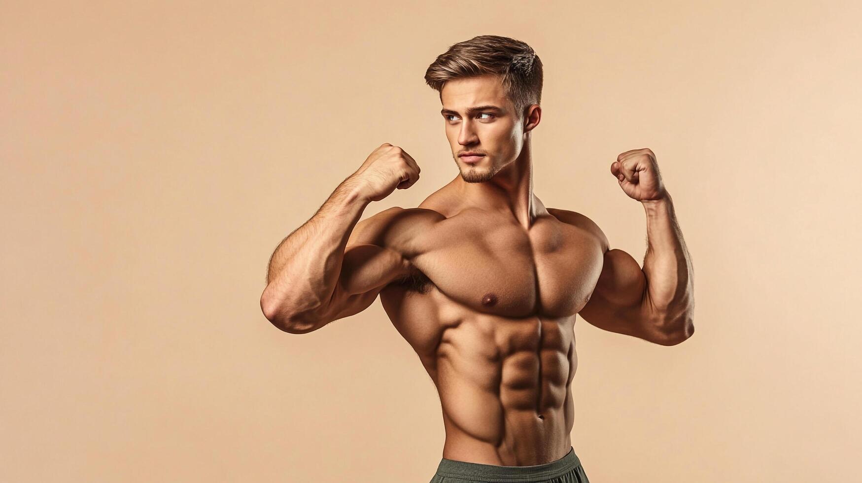 Strong man flexing his muscles. He has an impressive physique and great definition. Fitness and health are his top priorities. photo