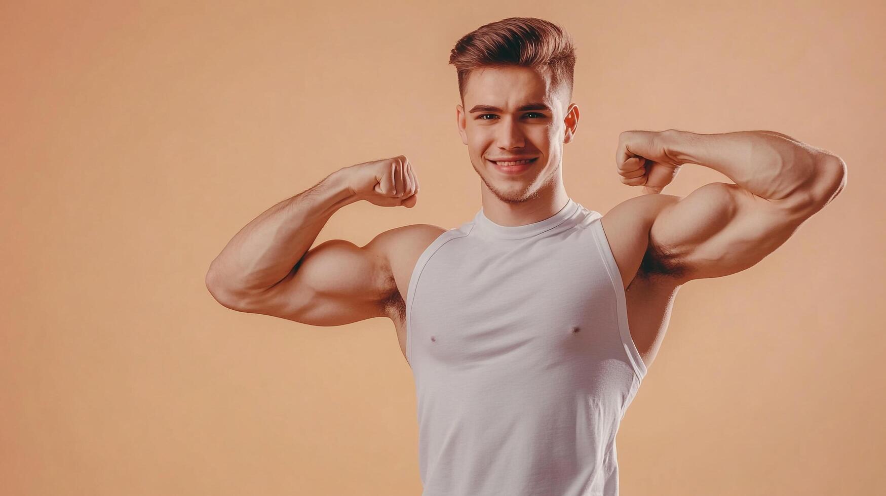 A muscular man showcases his physique, flexing biceps with a proud smile against a neutral backdrop. Strength and health are the focus. photo