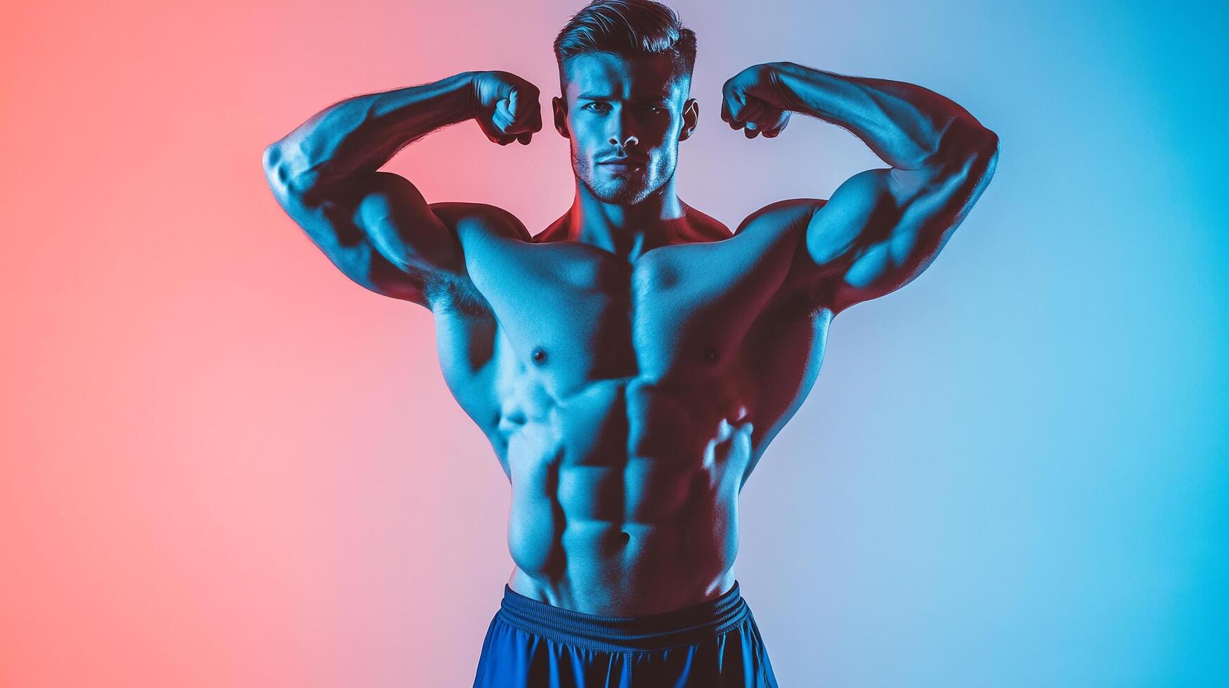 Muscular man flexing biceps and abs, lit with vibrant blue and red lights. Strength and fitness showcased in a dynamic studio shot. photo