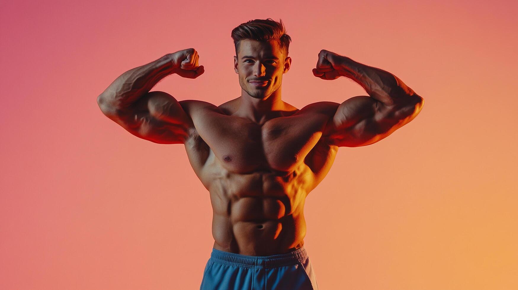 Muscular man flexing his biceps, showcasing well-defined abdominal muscles and a confident smile against a vibrant, warm-toned backdrop. photo