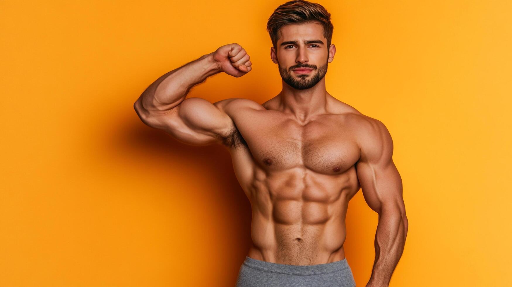 Strong man flexing arm. Fit and muscular torso shows dedication to exercise. Vibrant orange backdrop highlights physique. photo