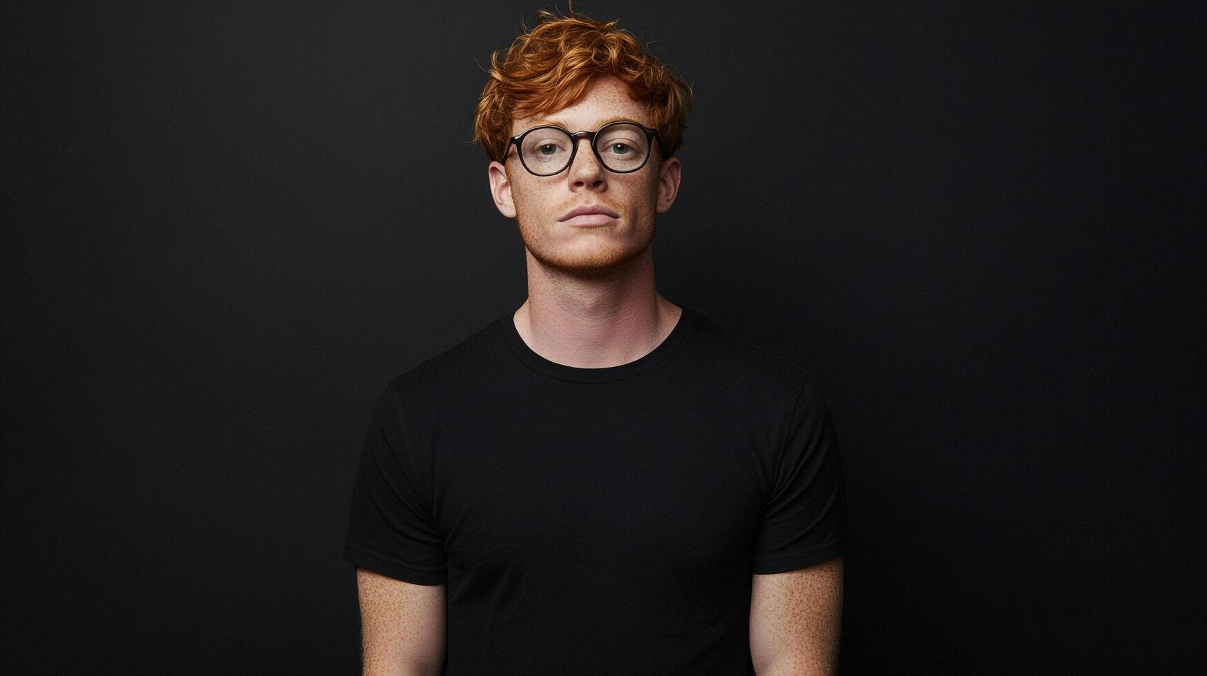 Portrait of a young man with red hair and glasses, standing against a dark backdrop. He wears a plain dark shirt. Serious expression. photo