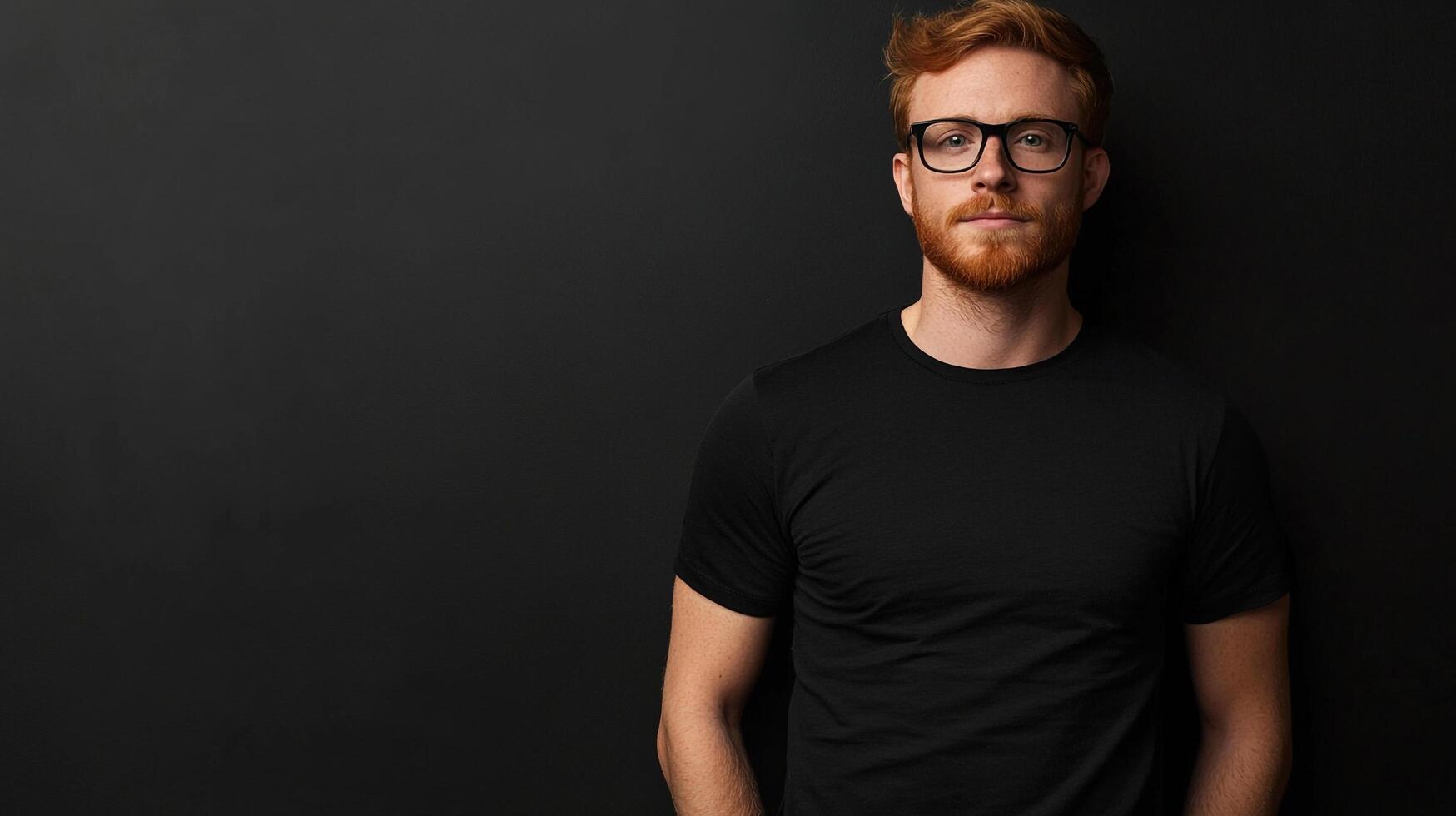 Red-haired man with glasses stares intently, black shirt contrasts against a dark background, portrait style photo. Confident and poised. photo