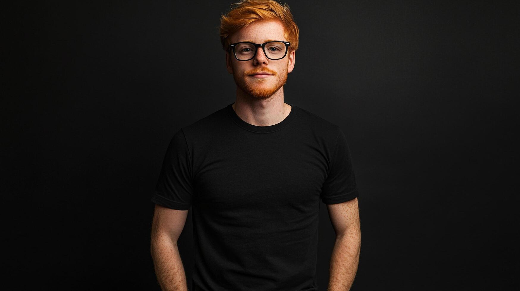 A portrait of a man with vibrant red hair, wearing glasses and a plain black t-shirt. He has a short beard and a confident posture. photo