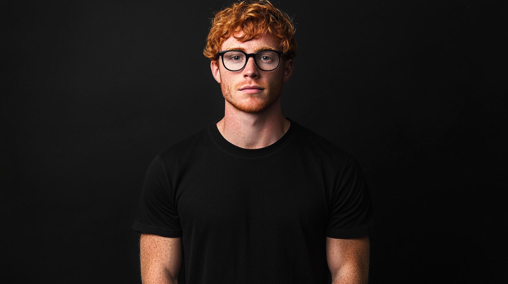Ginger-haired man wearing glasses and a black shirt, posing against a dark backdrop with a serious expression on his face. photo
