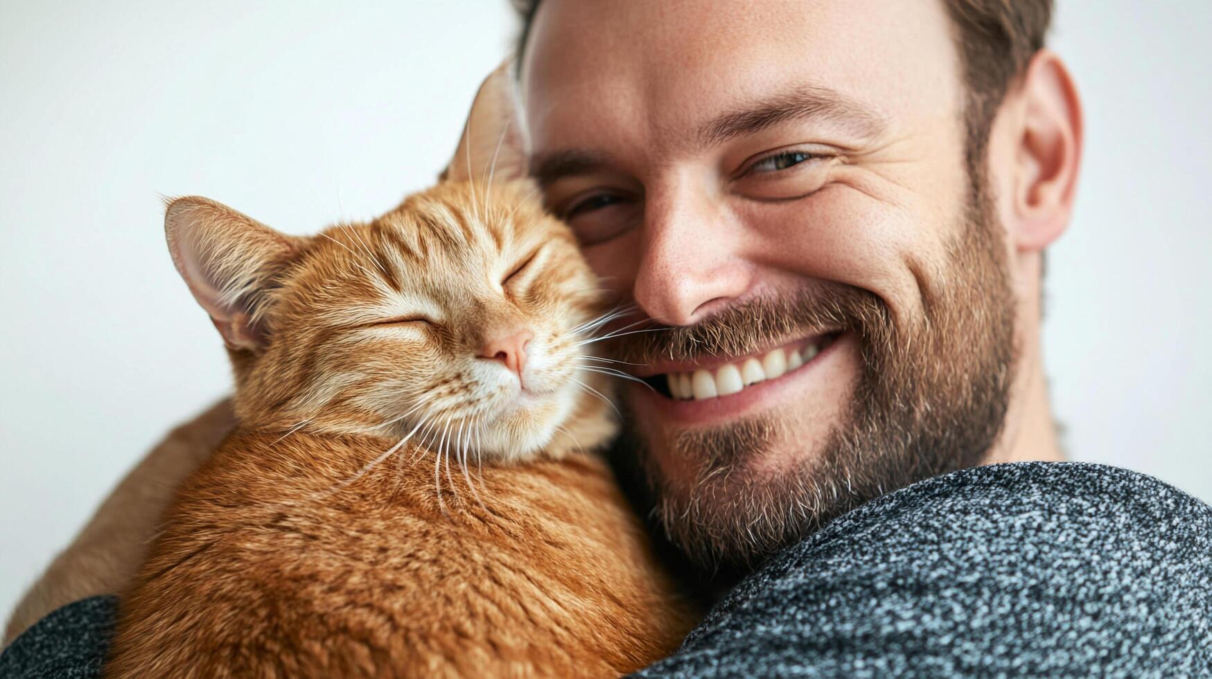 A man is happily embracing his ginger tabby cat, both appearing content. Warm expression of friendship and comfort between human and pet. photo