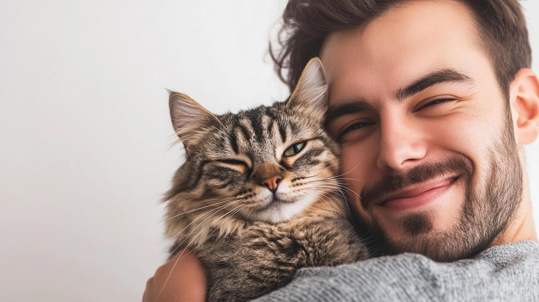 Happy man lovingly holds a winking tabby cat against a simple white backdrop, showing a moment of warmth and gentle affection. photo